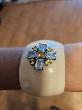 Vintage Statement White Cuff Bracelet with Blue & Yellow Gem Cross